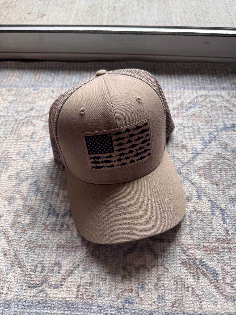 Men's Tan Trucker Cap with Fish Flag Patch